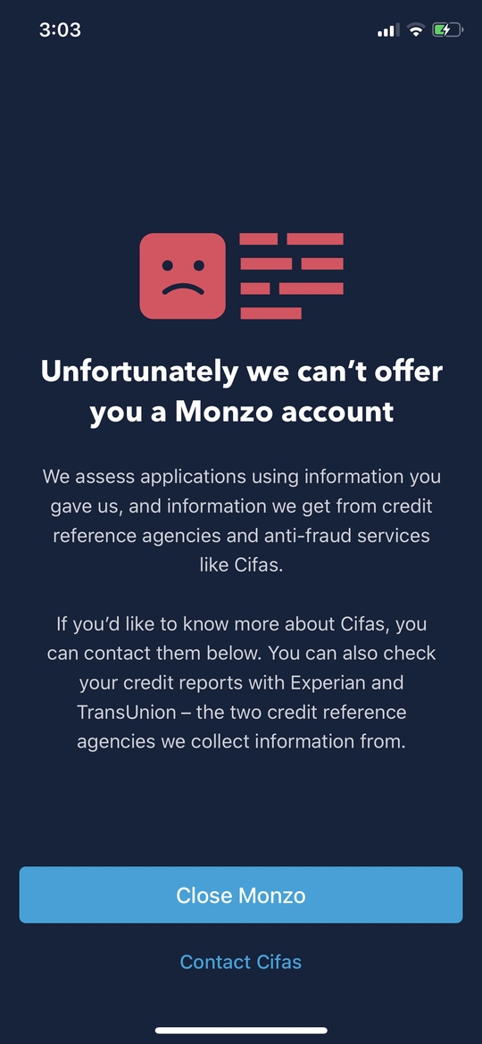 不少網民被Monzo拒絕開戶。網圖