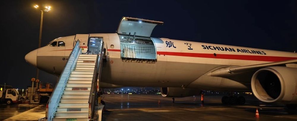 4月3日19時18分，3U9680航班平穩落地，旅韓大熊貓「福寶」順利抵達成都雙流國際機場。