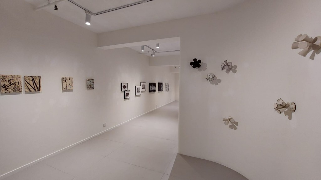 《人造花》系列掛在畫廊近門的彎曲白牆上。