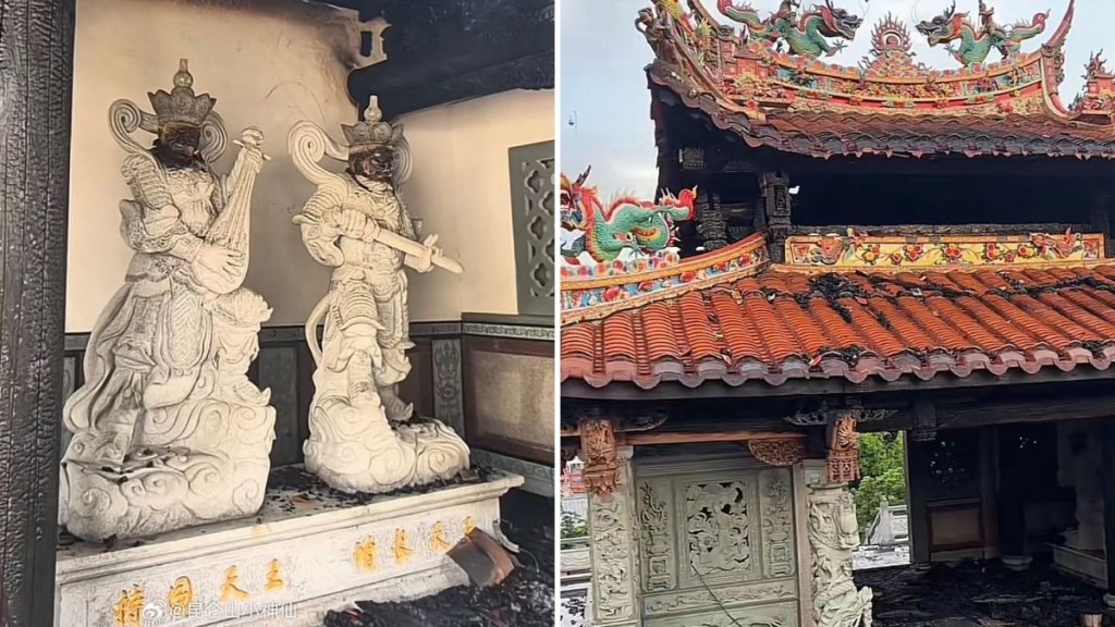 網傳福建安溪廟宇遭雷擊著火，無奉的四大天王變黑臉。微博@昆侖山小神仙