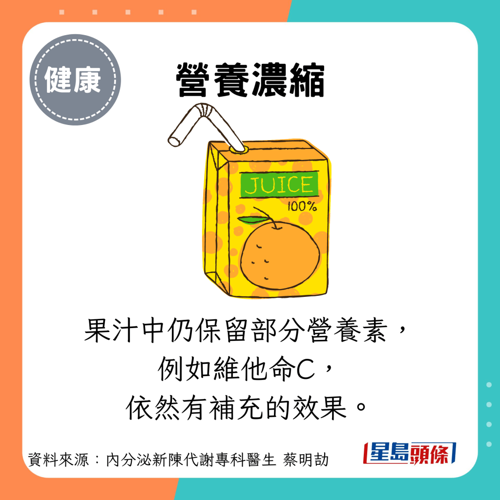 营养浓缩：果汁中仍保留部分营养素， 例如维他命C， 依然有补充的效果。