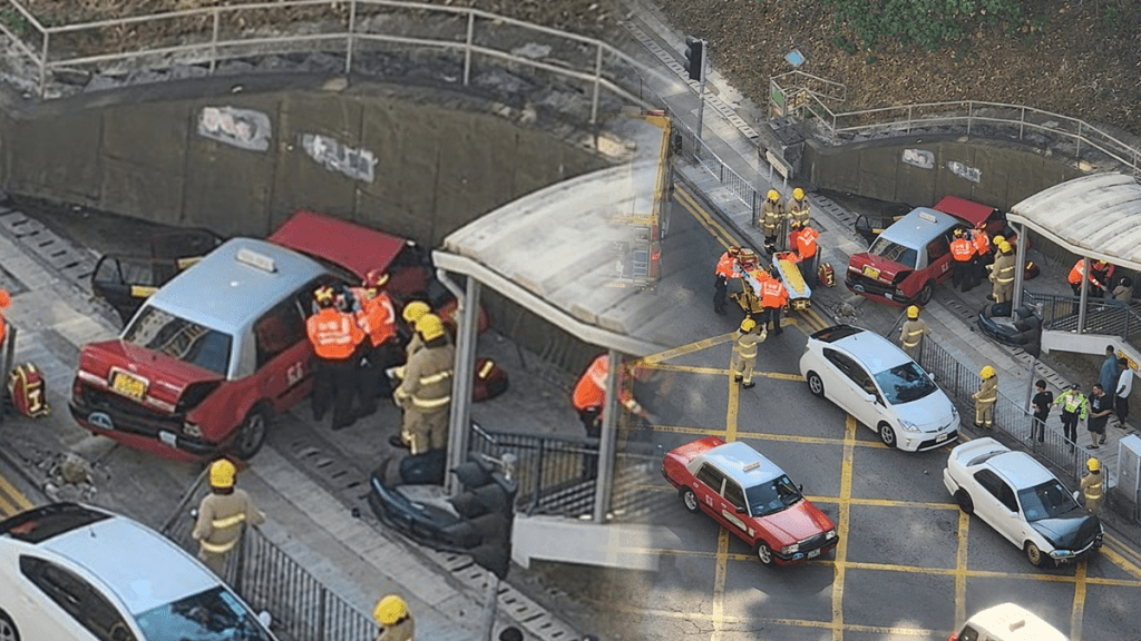 葵涌兩車相撞 的士鏟上行人路撞牆 司機乘客一度被困