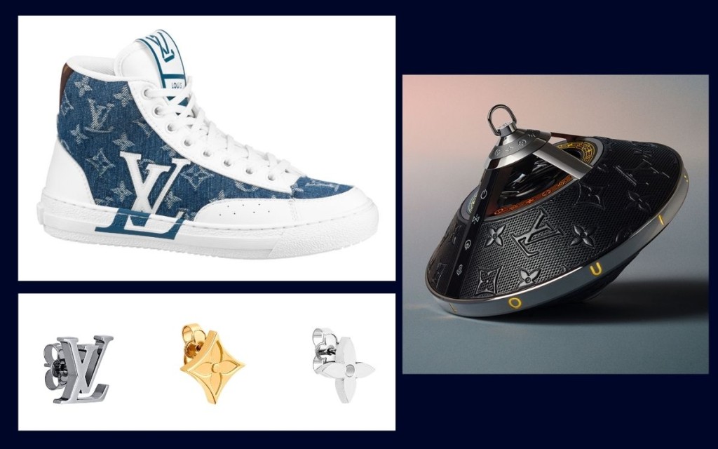 左上/女裝Charlie Sneaker Boot/$9,500; 左下/LV Instinct耳環/$4,100/一套三枚; 右/Horizon Light Up Speaker/$22,300。 左上/女裝Charlie Sneaker Boot/$9,500; 左下/LV Instinct耳環/$4,100/一套三枚; 右/Horizon Light Up Speaker/$22,300。