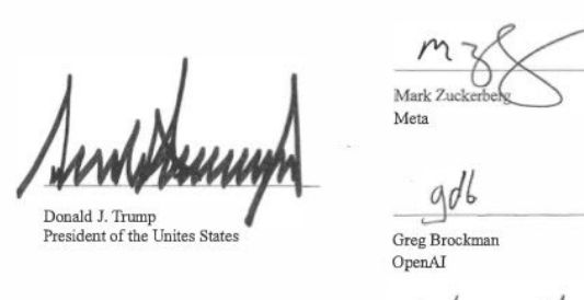 網民發現,特朗普與各科技巨頭簽署的AI協議,出現串錯字。X@whitehouse 網民發現,特朗普與各科技巨頭簽署的AI協議,出現串錯字。X@whitehouse