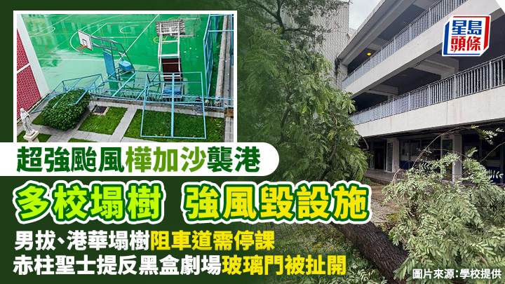 颱風樺加沙︱多校塌樹 強風毀設施 男拔、港華塌樹阻通道需停課 赤柱聖士提反黑盒劇場玻璃門被扯開