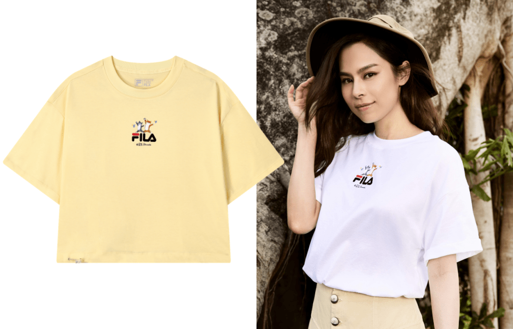 Gin Lee穿着飾以品牌名字拼貓咪白色T恤/$680，配搭Safari Hat及鈕扣長裙，洋溢夏日風情。同款另備有黃色版本/$680。
