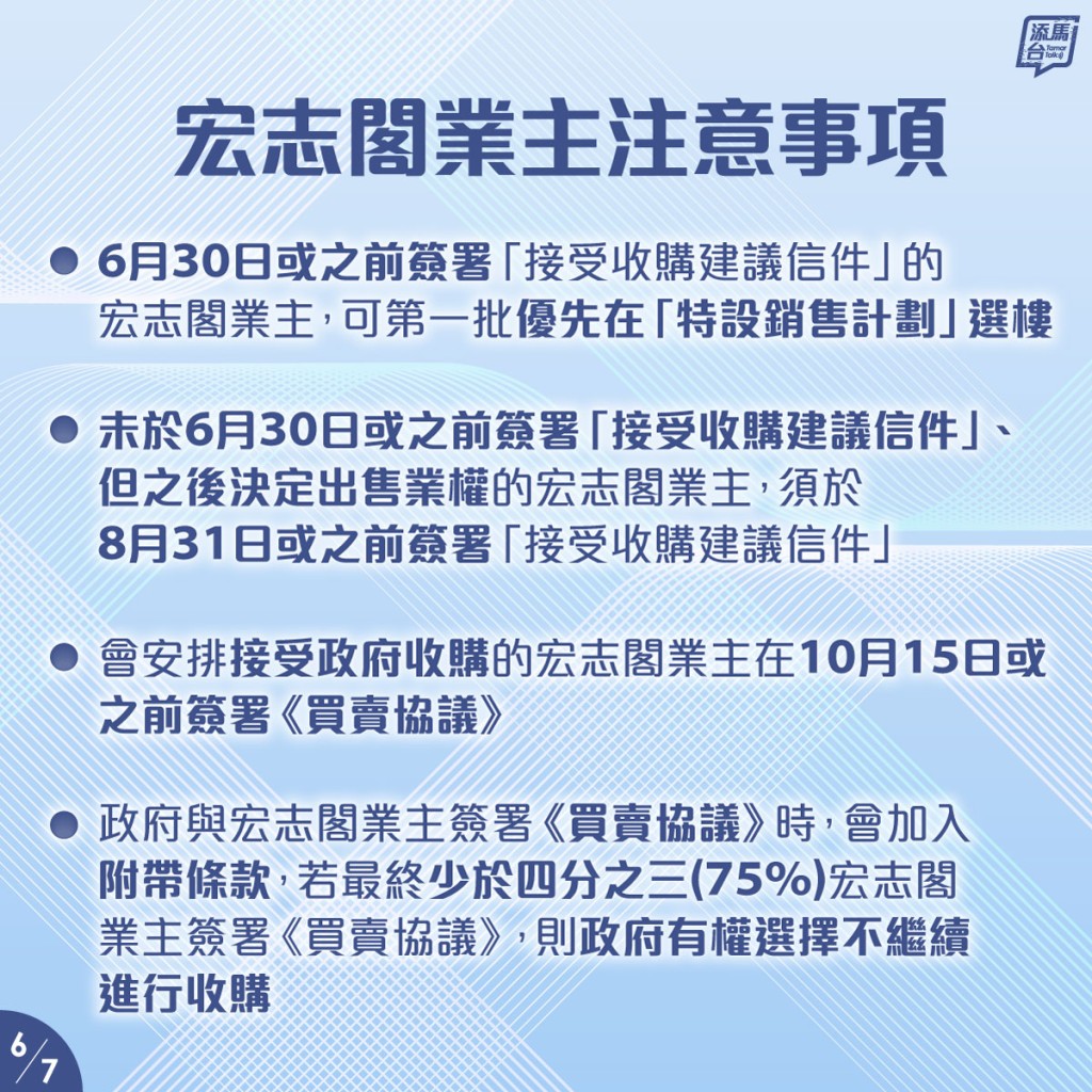 6月30日或之前簽署「接受收購建議信件」的宏志閣業主，可第一批優先在「特設銷售計劃」選樓。