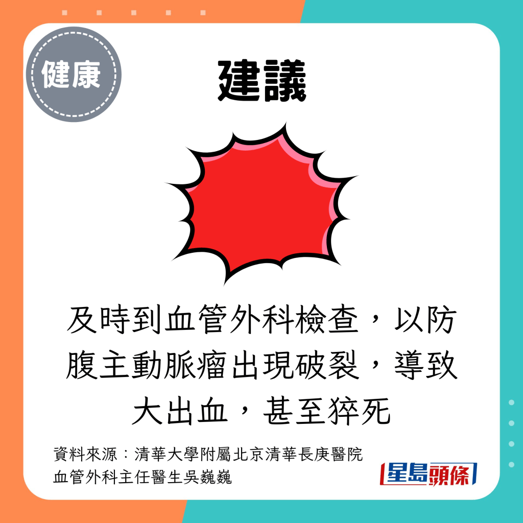 及时到血管外科检查，以防腹主动脉瘤出现破裂，导致大出血，甚至猝死