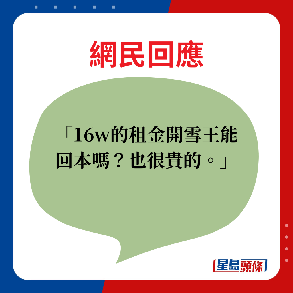 网民回应：16w（万）的租金开雪王能回本吗？也很贵的。 