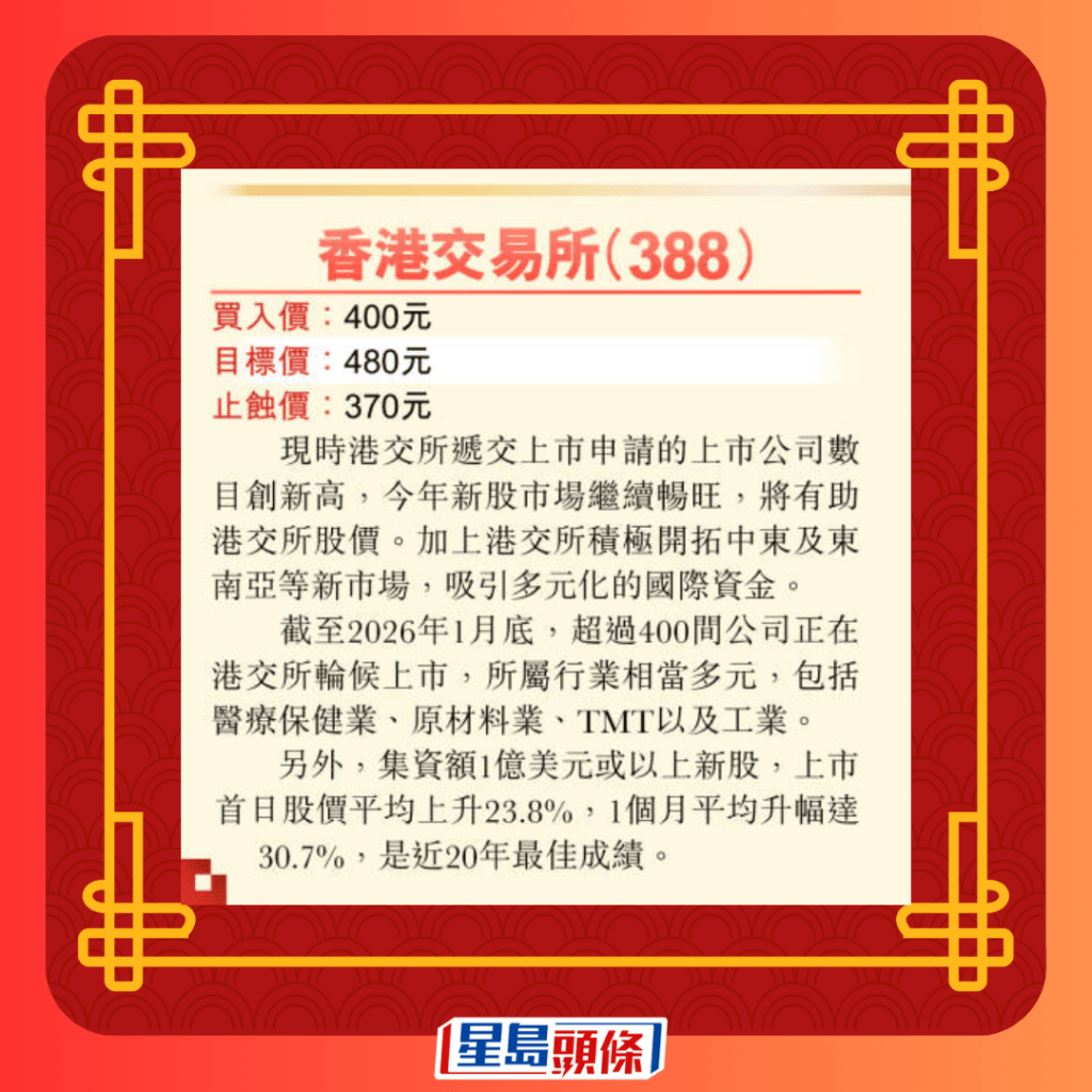利是股：港交所（388）目标价480元