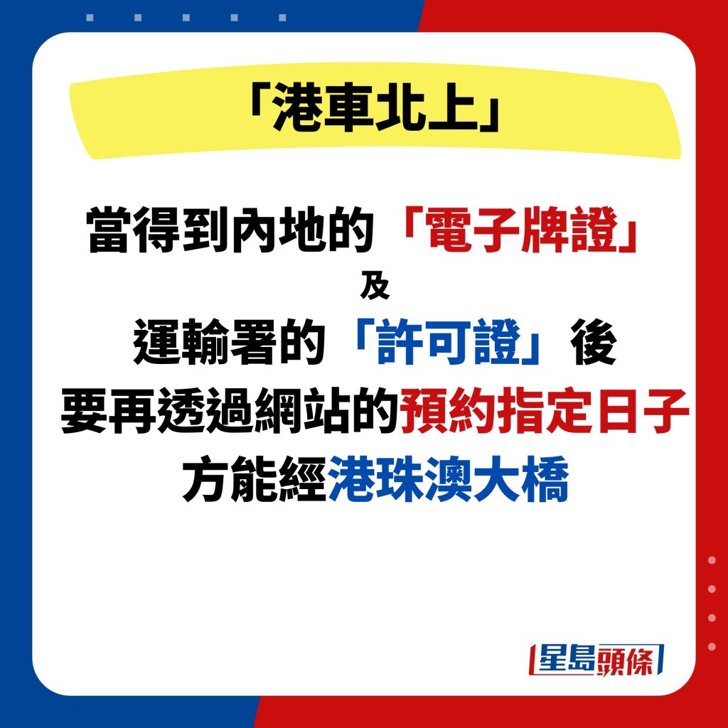 當得到內地的「電子牌證」 及 運輸署的「許可證」後 要再透過網站的預約指定日子 方能經港珠澳大橋