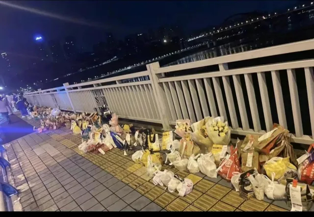 大量网民订外卖送到武汉长江大桥旁悼念“胖猫”。