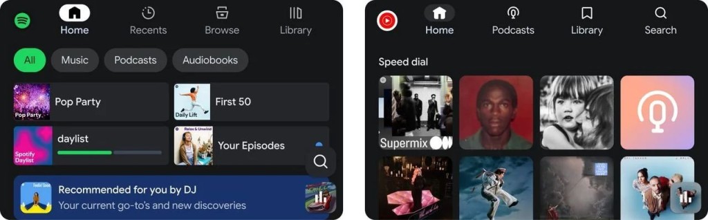 Spotify、YouTube Music介面特地為Android Auto重新設計。 Spotify、YouTube Music介面特地為Android Auto重新設計。