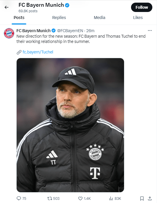 拜仁慕尼黑的Twitter亦公布杜曹離任的消息。網上截圖