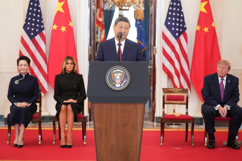 国家主席习近平出席美国总统特朗普在白宫举行的欢迎仪式。习近平主席发表致辞。美联社