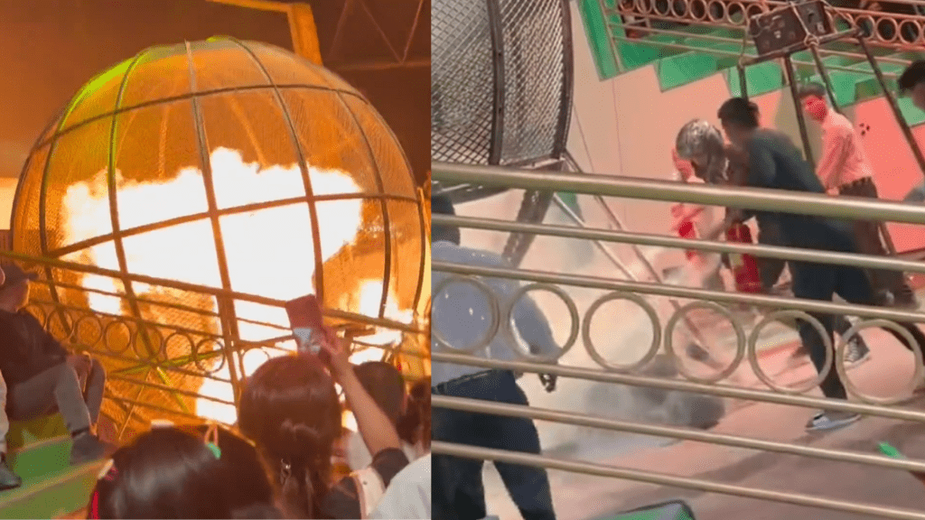 山西烏金山歡樂谷日前發生特技表演意外，電單車車手在意外中變火球。