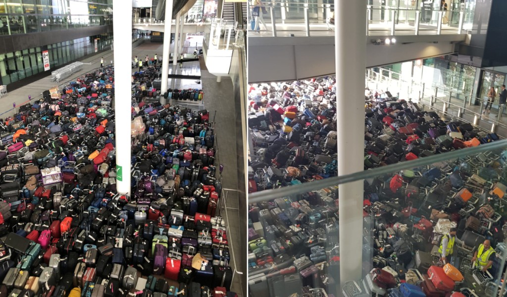 英国希斯路机场行李系统上周五（17日）发生故障。Twitter图片