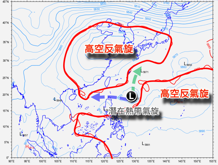 星期四(4日)下午8時500百帕斯卡(即高空約5至6公里)位勢高度的預報及潛在熱帶氣旋路徑的示意圖。天文台網頁圖片 星期四(4日)下午8時500百帕斯卡(即高空約5至6公里)位勢高度的預報及潛在熱帶氣旋路徑的示意圖。天文台網頁圖片