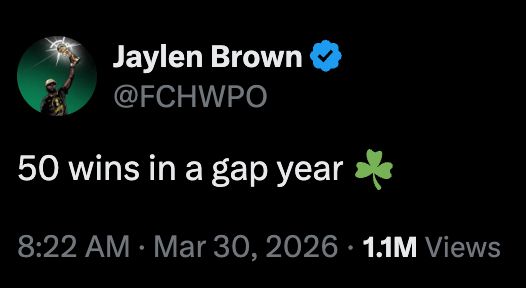 綠軍球星謝倫布朗賽後在社交媒體發文：「過渡年取得50勝 」。X截圖