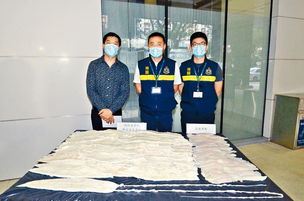 海關高級調查主任張業泰（中）展示截獲的石首魚魚肚。