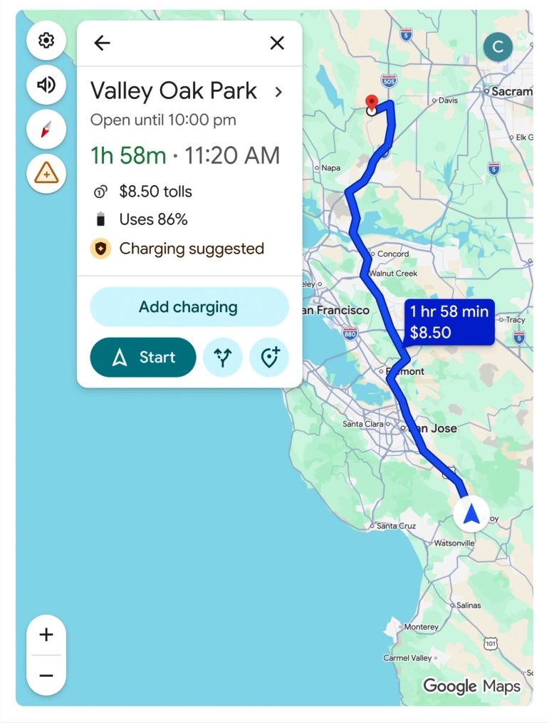 Google Maps可在设定中加入更多车辆资讯，包括车型及年份，按规格估算电量消耗。
