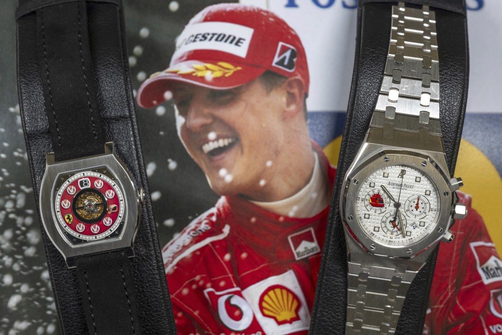 車神舒麥加擁有的8隻名錶拍賣，總成交價達3430萬。美聯社