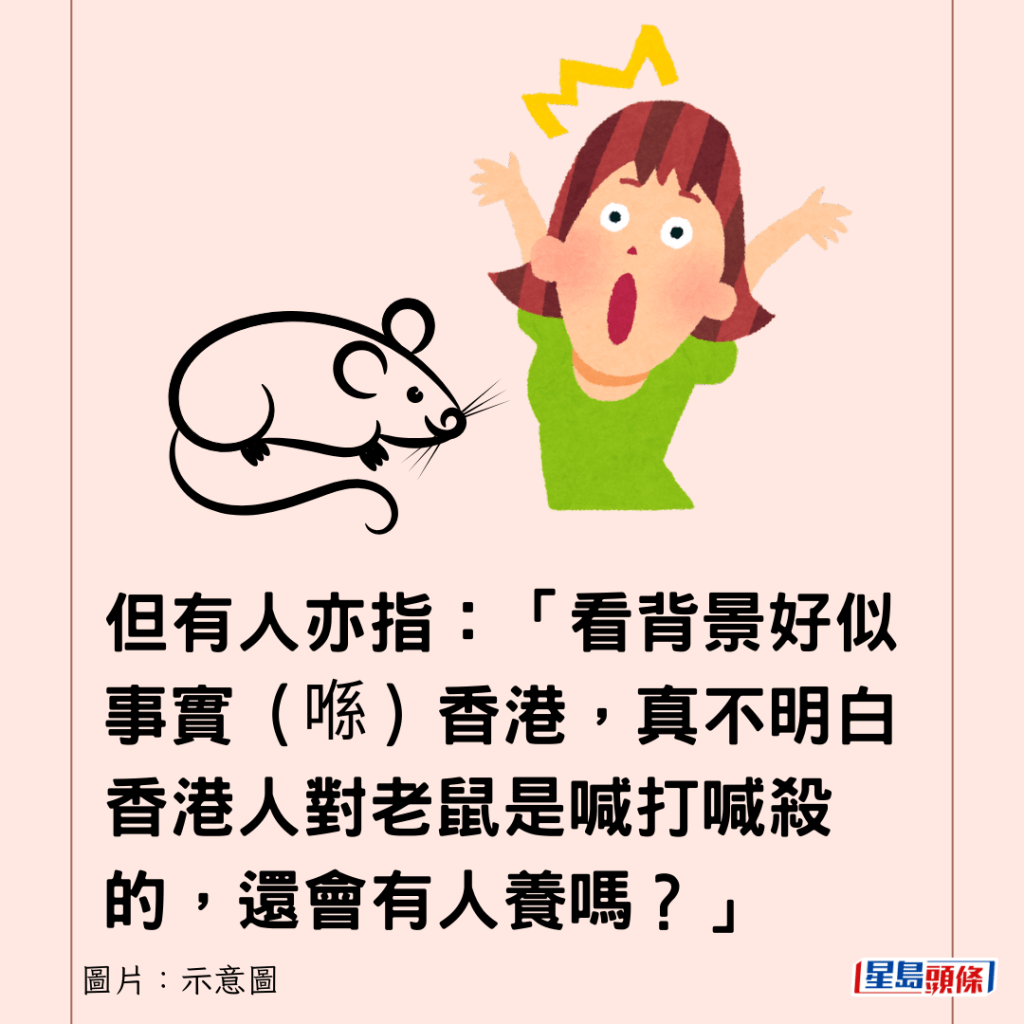 但有人亦指：「看背景好似事实（喺）香港，真不明白香港人对老鼠是喊打喊杀的，还会有人养吗？」