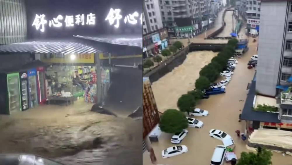 湖北咸豐暴雨，多輛車被洪水沖走，很多店舖被淹。