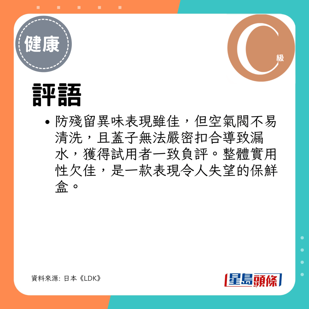 防残留异味表现虽佳，但空气阀不易清洗，且盖子无法严密扣合导致漏水，获得试用者一致负评。