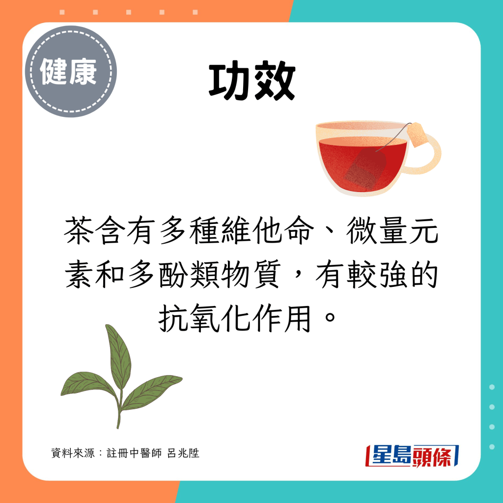 茶含有多种维他命、微量元素和多酚类物质，有较强的抗氧化作用。
