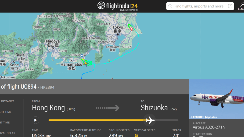 香港快運今日往靜岡客機最終轉往東京成田機場降落。Flightradar24