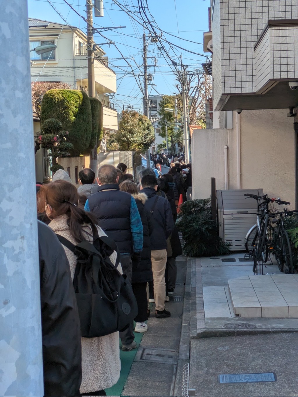 蛇窪神社位於住宅區，人龍排到旁邊的民宅門外。 網上圖片