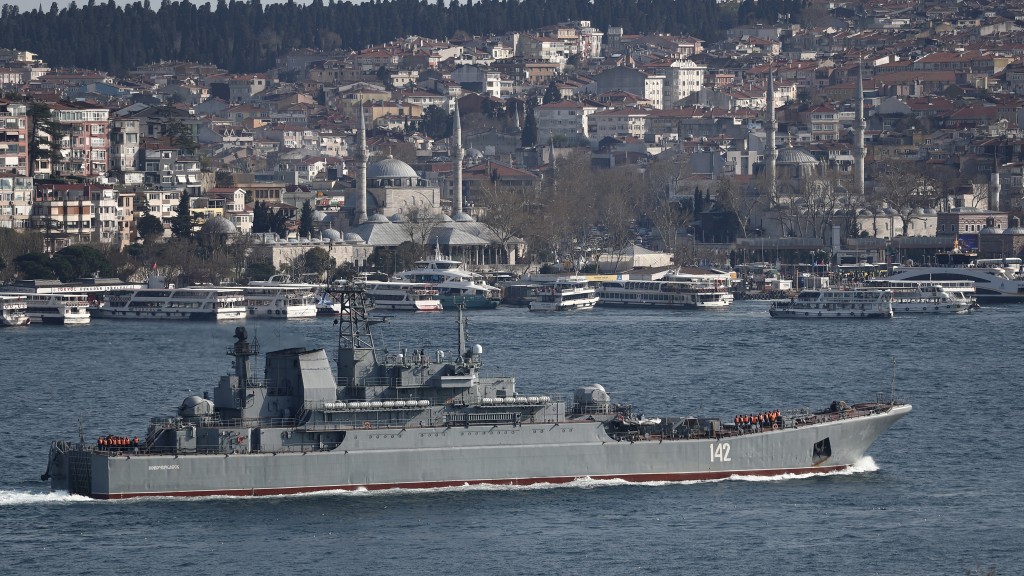  俄罗斯海军大型登陆舰“新切尔卡斯克号”在伊斯坦堡海峡航行。 路透社