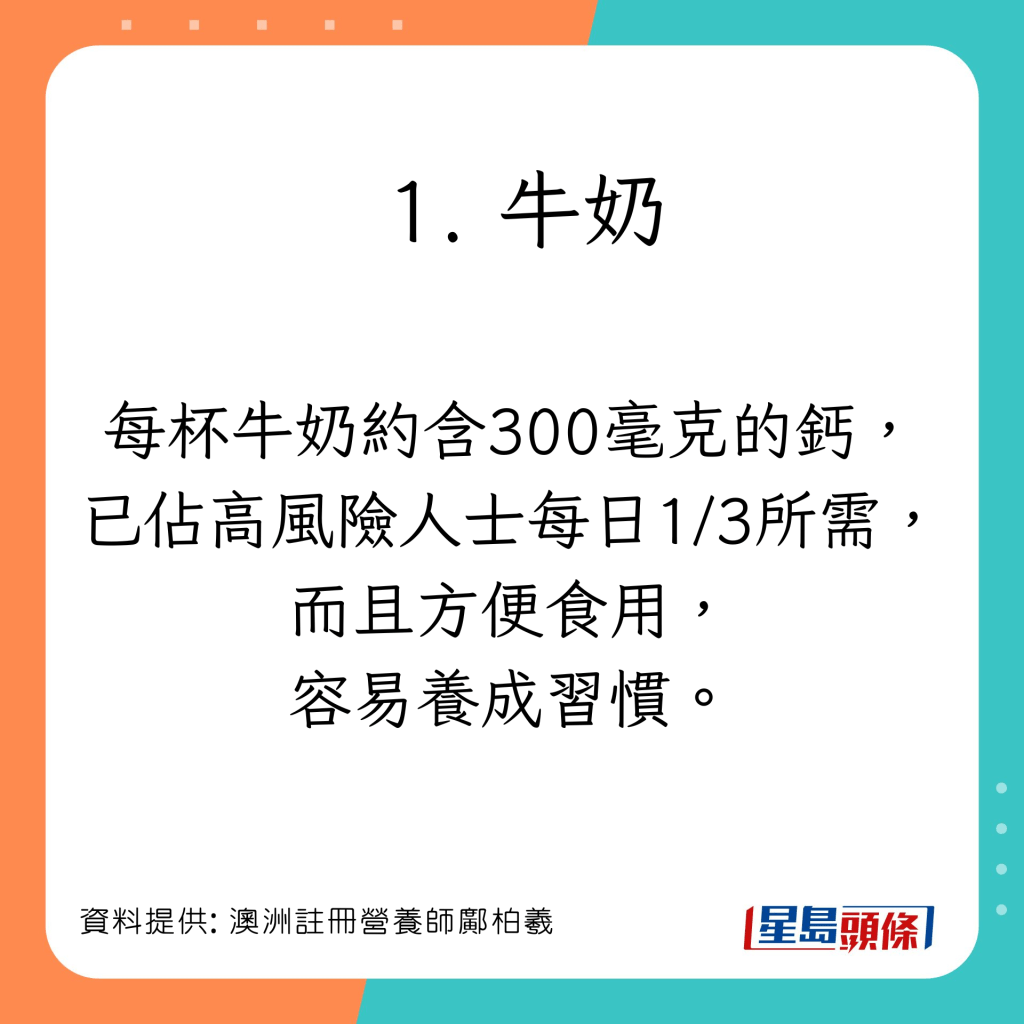 澳洲註冊營養師鄺柏羲（Dominic）為大家推介5款高鈣食物。