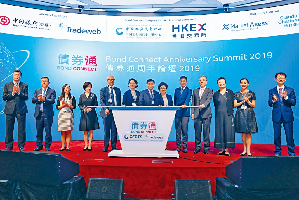 債券通周年論壇2019在香港金融大會堂舉行，來自內地、香港與海外金融機構翹楚共同慶祝債券通開通2周年之餘，探討中國債券的未來發展之路。