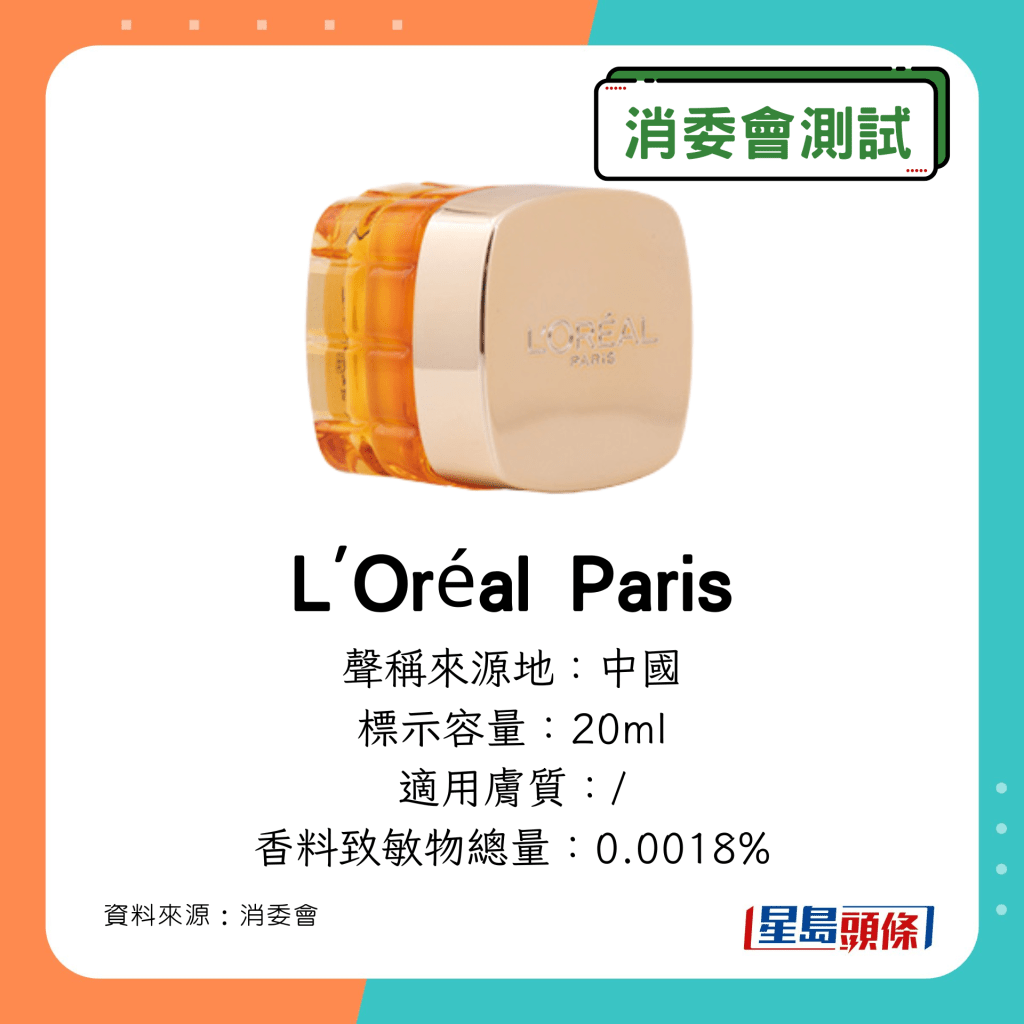 消委會除皺眼霜｜含香料致敏物：L'Oréal Paris 金致臻顏花蜜奢養眼霜 