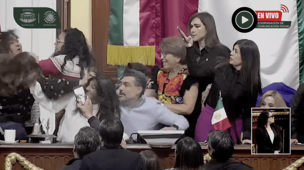 兩名分別來自兩黨的女議員——阿爾瓦雷斯(Daniela Álvarez)與阿亞拉(Yuriri Ayala)陷入激烈扭打,雙方互相拉扯手臂並揮拳。墨西哥國會直播/紐約郵報 兩名分別來自兩黨的女議員——阿爾瓦雷斯(Daniela Álvarez)與阿亞拉(Yuriri Ayala)陷入激烈扭打,雙方互相拉扯手臂並揮拳。墨西哥國會直播/紐約郵報