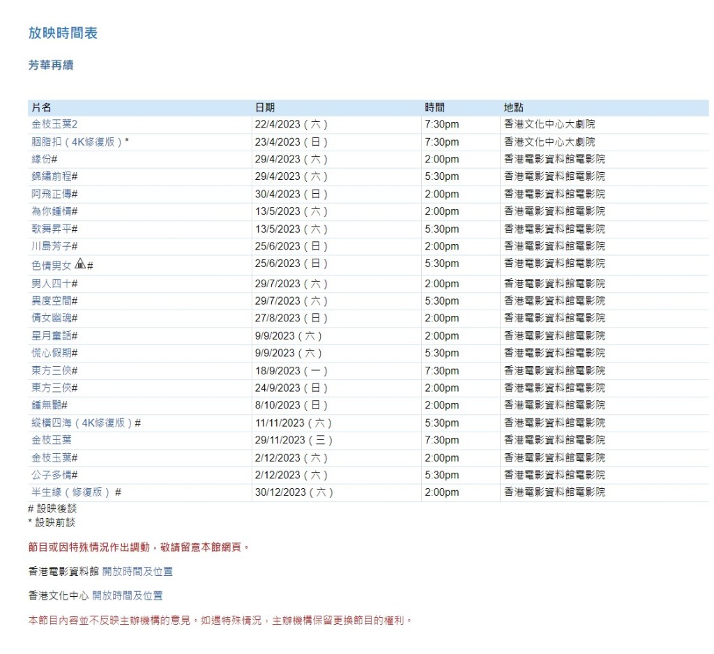 「芳華再續」電影放映時間表。香港電影資料館網站截圖