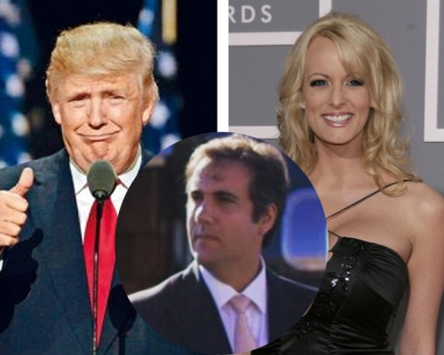 美國總統特朗普的私人律師科恩（Michael Cohen）（中）承認，曾在2016年向被指與特朗普有染的色情電影女星丹尼爾斯（Stephanie Clifford）（右），私下支付13萬美元。（資料圖片）