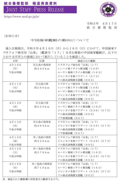 日本軍方公布「山東艦」動向列表。