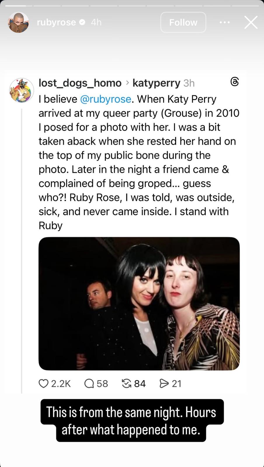 Ruby Rose在限時動態分享其他人曾被Katy侵犯的留言。