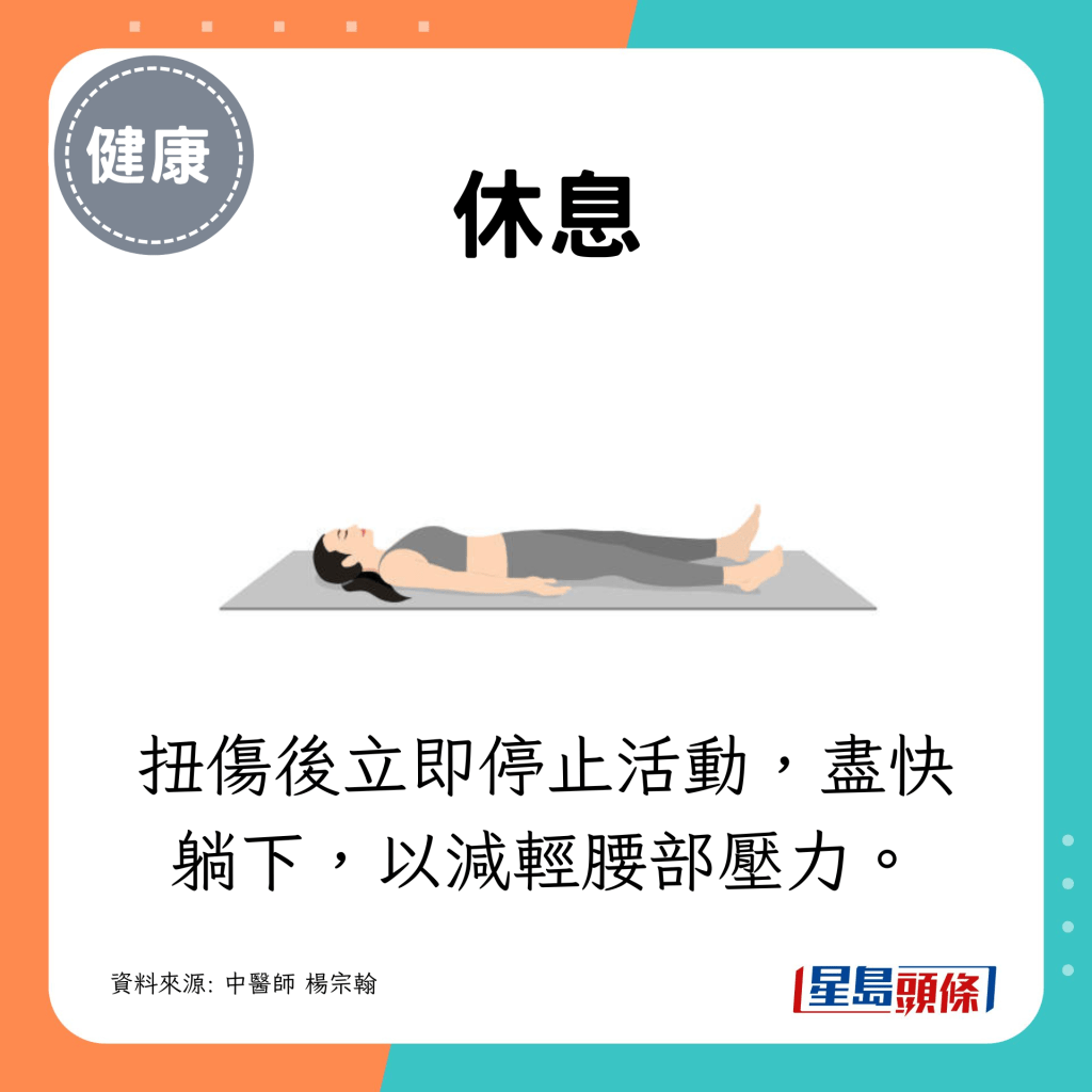 扭傷後立即停止活動，盡快躺下，以減輕腰部壓力。