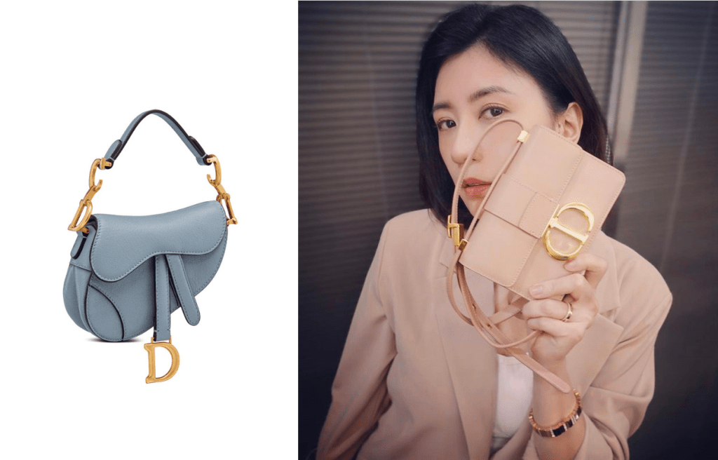 左/雲藍色山羊皮Micro Saddle Bag/$19,900/Dior。右/台灣金鐘奬視后賈靜雯以西裝外套與白色上衣,襯以全新的30 Montaigne風玫瑰色拋光小牛皮Micro Bag/$19,900/Dior,為優雅幹練的造型錦上添花/圖片源自賈靜雯Instagram。