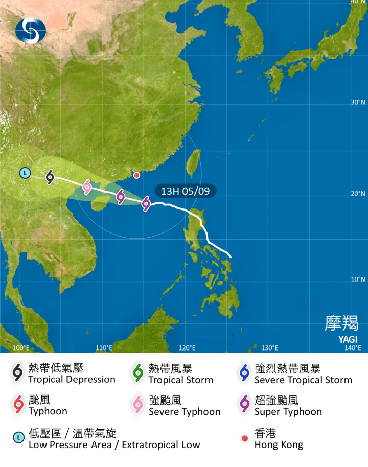 三号强风信号，现正生效，天文台表示在今（9月5日）下午6时20分，改发八号烈风或暴风信号。