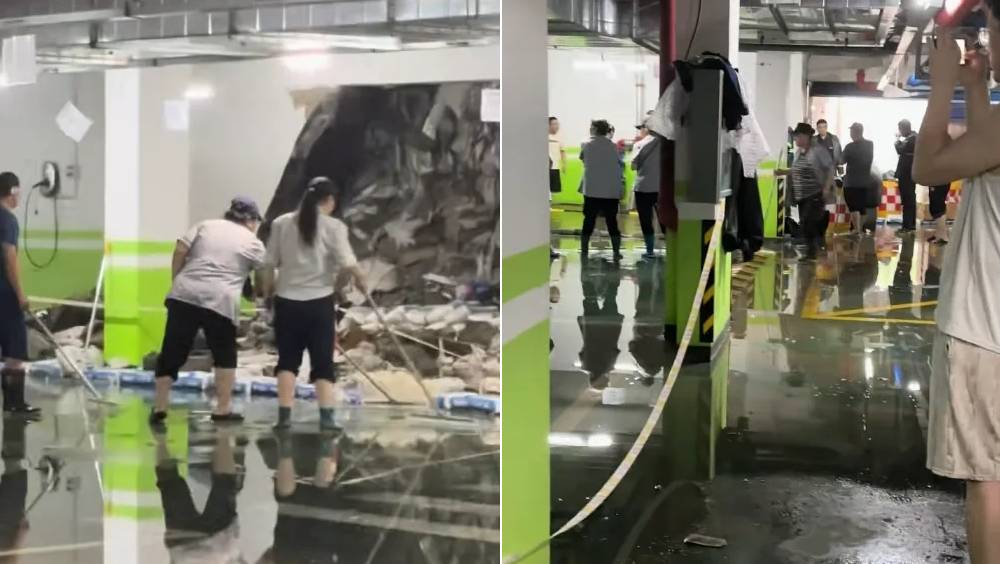 瀋陽暴雨揭發豆腐渣工程？屋苑地下停車場牆塌露垃圾。