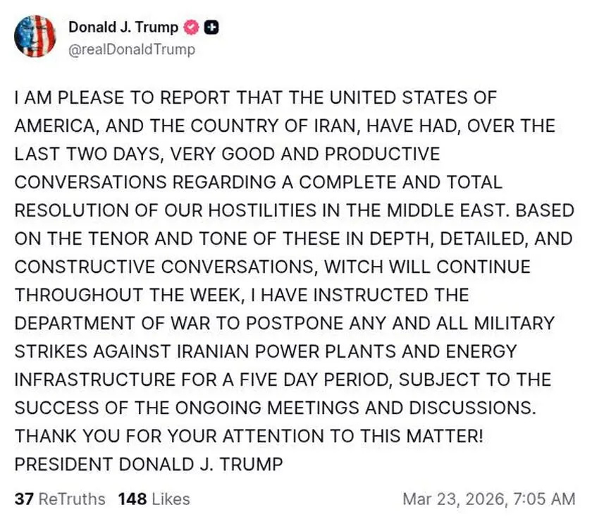 特朗普发文表示，已与伊朗近日举行「富有成效」的对话