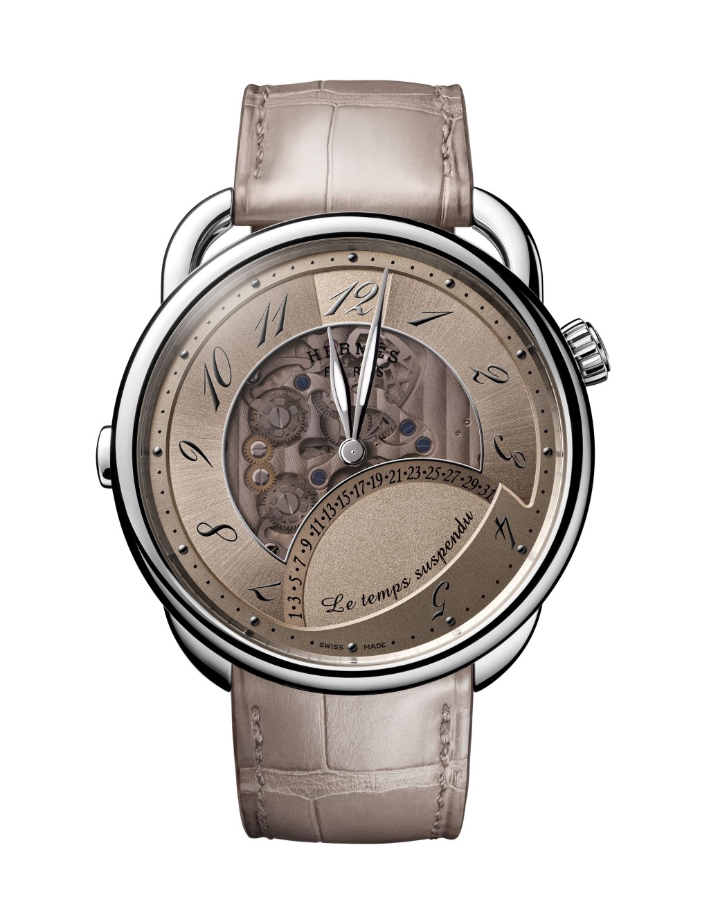 Hermès Arceau Le temps suspendu,錶殼:42mm白金 / 機芯:H1837自動 / 售價: $370,500(白金/鱷魚皮錶帶)/ $369,000(白金/小牛皮錶帶)。 Hermès Arceau Le temps suspendu,錶殼:42mm白金 / 機芯:H1837自動 / 售價: $370,500(白金/鱷魚皮錶帶)/ $369,000(白金/小牛皮錶帶)。