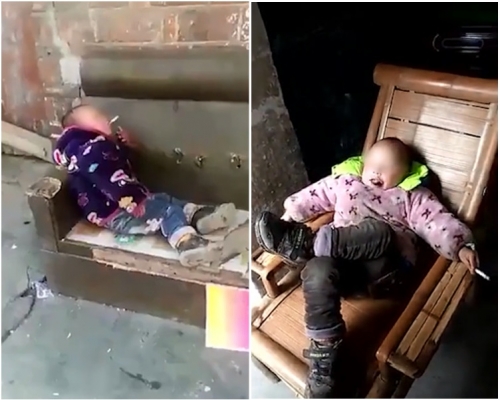 男童跷脚嚼槟榔抽烟，一派「老烟枪」模样。网图
