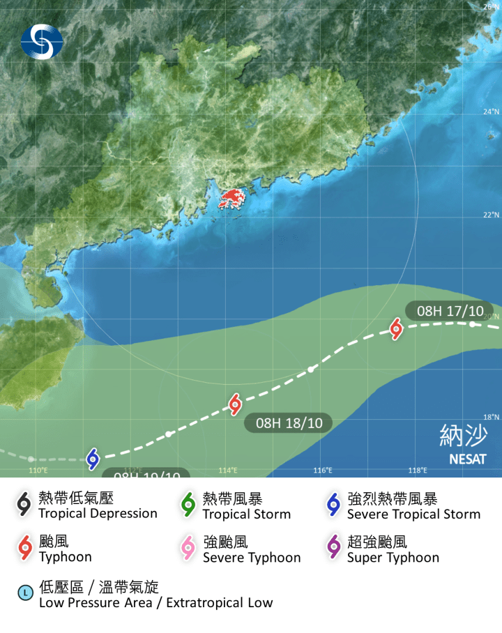 天文台預測「納沙」踩正距離香港400公里的界線。天文台圖片