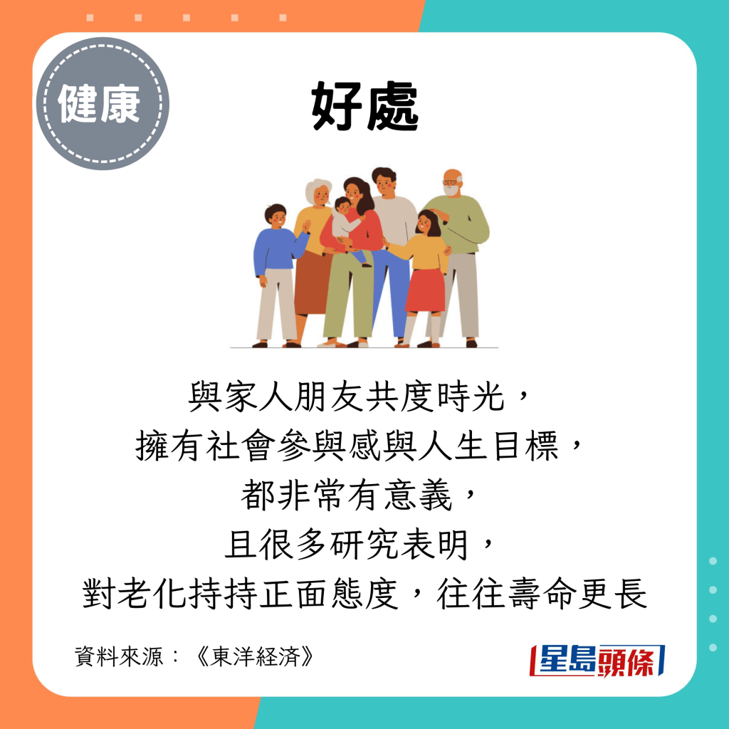 与家人朋友共度时光， 拥有社会参与感与人生目标， 都非常有意义， 且很多研究表明， 对老化持正面态度，往往寿命更长